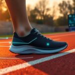 At sunrise on the track, a person sporting high-tech running shoes with digital indicators stands poised. Nearby, "CES 2025" glows on a distant screen. These could be Xero Shoes designed for enhanced sensation, offering an edge even to those battling neuropathy.