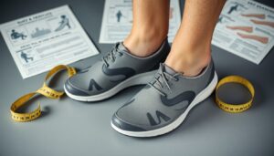 A person wearing gray Xero Shoes stands on a smooth surface surrounded by a yellow measuring tape and instructional sheets. The shoes feature black detailing and white soles, designed for enhanced sensation. The person's lower legs are visible.