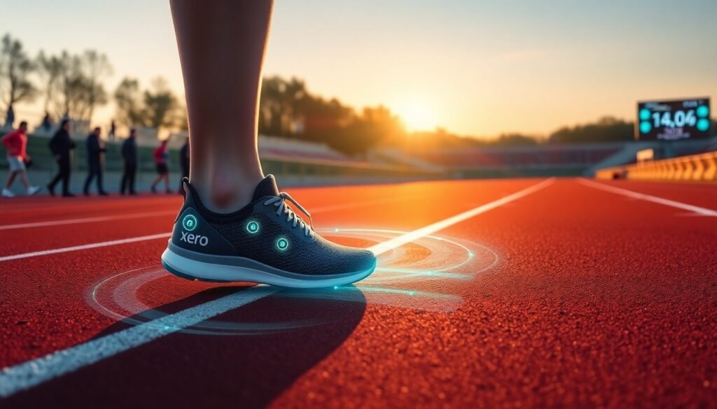 Close-up of a person wearing the black Xero XB+ SmartShoe, featuring digital elements on a track. The shoe displays glowing icons and the brand name "Xero." In the background, a group runs, with a digital clock showing 14:06—ideal for sensor-driven running form optimization unveiled at CES 2025.