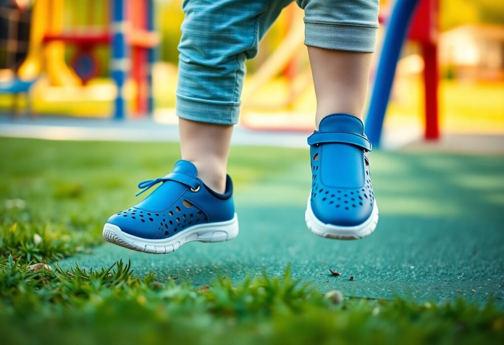 Child wearing blue shoes and light blue pants jumps on a playground with green turf and grass. Playground equipment is blurred in the background, featuring red, yellow, and blue structures.