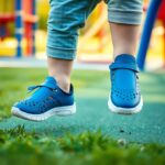 Child wearing blue shoes and light blue pants jumps on a playground with green turf and grass. Playground equipment is blurred in the background, featuring red, yellow, and blue structures.