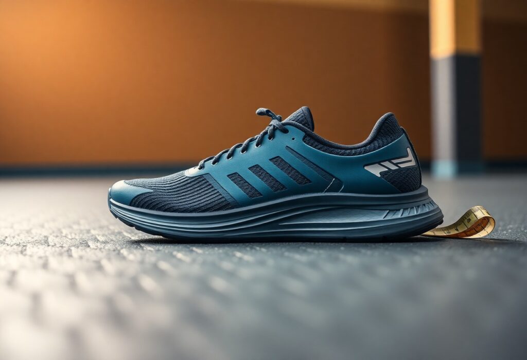 A blue running shoe with black and white detailing is placed on a textured floor. A measuring tape is partially visible, wrapped around the back of the shoe. The background is softly blurred with warm tones.