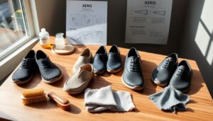A wooden table showcases five pairs of shoes in different styles and colors, including trendy barefoot shoes. Behind them, two posters provide instructions alongside an array of shoe care items—brushes, cloths, and a bottle—all essential for proper shoe maintenance.