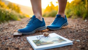 A person wearing blue Xero Shoes stands on a dirt path outdoors. In front of them are two small rocks and a magazine titled "XERO GUIDE," featuring a landscape image—perfect for anyone transitioning with this beginner's guide.