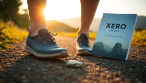A person wearing black athletic shoes stands on a gravel path at sunset next to an upright book titled "Xero Shoes: The Beginner's Guide" with mountains pictured on the cover.