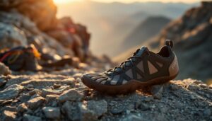 A black hiking shoe, resembling barefoot shoes, is placed on a rocky terrain, lit by warm sunlight from the background. The rugged design is perfect for climbing and outdoor activities. In the blurred background, another shoe and a rocky mountain landscape are visible.