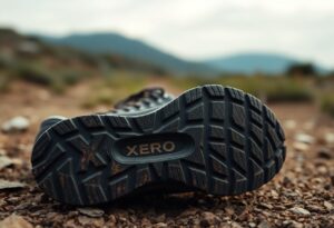 Close-up view of the sole of a Xero Shoes sneaker resting on a rocky dirt path, with blurred mountains and greenery in the background. The tread pattern and XERO branding highlight the durability and 5,000-Mile Sole Warranty.