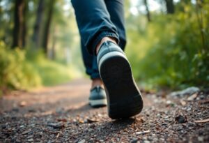 A close-up view of a person walking on a gravel path in a forest, showing the sole of one shoe and the lower part of their pants. The surroundings are green and slightly out of focus.