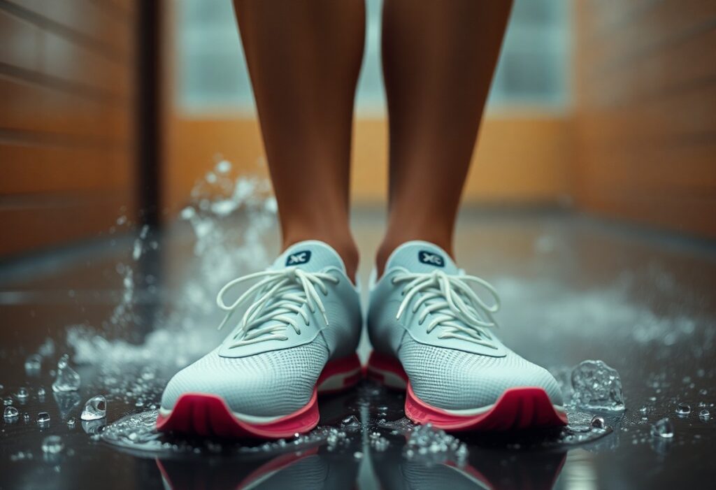 A close-up of a person standing in white athletic shoes with red soles, splashing water on a reflective floor indoors. The background is blurred.