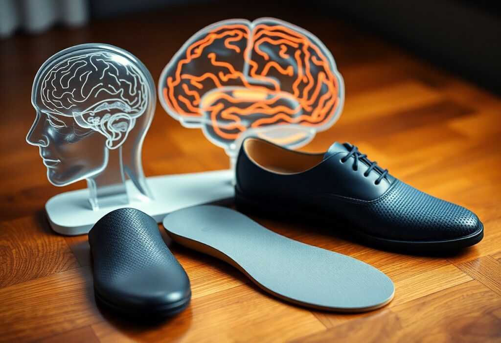 A pair of black dress shoes with removable insoles is placed on a wooden floor, accompanied by transparent anatomical models of a human brain and head in the background.