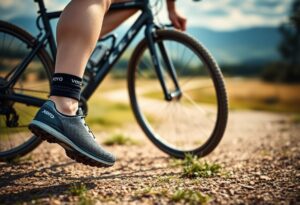 A person in athletic shoes and an ankle strap stands next to a bicycle on a gravel path, with grassy fields and distant hills in the background under a partly cloudy sky.