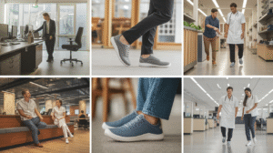 A collage of six images shows professionals in office and healthcare settings, two close-ups of people wearing ergonomic barefoot footwear sneakers, and coworkers interacting or walking in workplace environments.