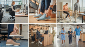 A collage showing people in office and healthcare workplace environments, some sitting at desks, others standing or walking, and close-up shots of barefoot footwear or casual sneakers worn by individuals in professional attire.