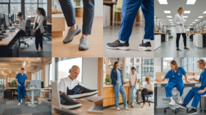 A collage of office and healthcare environments showing people interacting, working at desks, and standing or sitting while wearing different styles of sneakers and barefoot footwear in both casual and medical uniforms, highlighting workplace ergonomics.
