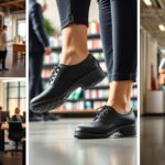A collage showing professionals in workplace environments: people having conversations, a close-up of someone wearing black tap shoes, a meeting around a table, and two people walking down a hallway.