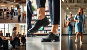 A collage showing professionals in workplace environments: people having conversations, a close-up of someone wearing black tap shoes, a meeting around a table, and two people walking down a hallway.