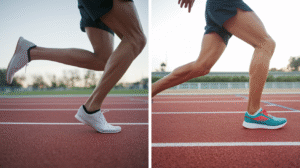 A side-by-side comparison of two runners on a track; both athletes are mid-stride, wearing shorts. The left image shows white cushioned shoes, while the right image features teal and pink running shoes.