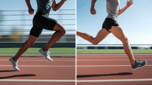 Split image showing two athletes running on a track, each captured from the waist down in mid-stride—one in cushioned shoes, the other in barefoot shoes—highlighting different approaches to running economy against a blurred, motion-filled background.