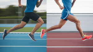 A split image shows two runners in motion on outdoor tracks. The left wears black shorts and gray barefoot shoes, while the right sports blue shorts and red cushioned shoes. Both runners’ legs are in mid-stride, highlighting different approaches to running economy.
