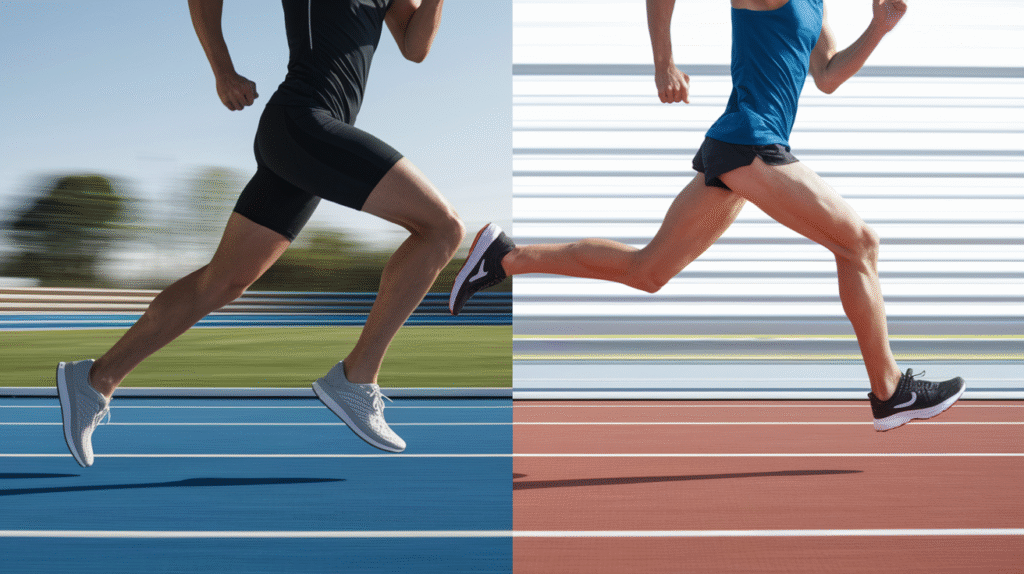 Two runners in athletic wear sprint on side-by-side tracks, one blue and one red, with motion blur in the background emphasizing their speed. Their legs showcase a contrast—one wears barefoot shoes, highlighting differences in running economy.