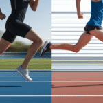 Two runners in athletic wear sprint on side-by-side tracks, one blue and one red, with motion blur in the background emphasizing their speed. Their legs showcase a contrast—one wears barefoot shoes, highlighting differences in running economy.