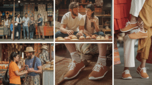 A collage shows people at an outdoor market, a man and woman sitting by bread, close-ups of Barefoot Footwear—brown sneakers with white laces—on different people, and market vendors interacting with customers, capturing modern urban adoption.