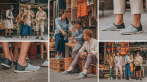 A collage shows people wearing comfortable, barefoot footwear, talking and laughing in an outdoor market with woven textiles and produce; close-ups highlight the shoes’ woven pattern and their modern urban adoption.