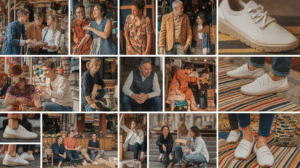 A collage of 15 photos shows people in casual outfits and white sneakers, highlighting modern urban adoption of footwear as they interact indoors and outdoors—talking, shopping, or sitting on patterned rugs—with close-ups of shoes also featured.