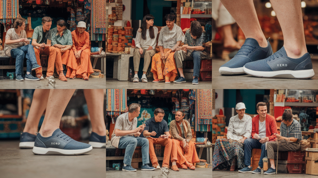 A collage shows three men sitting and talking at an outdoor market, reflecting modern urban adoption. Two close-up images highlight blue Xero brand barefoot footwear. Market goods and textiles appear in the background as the men wear casual clothing.
