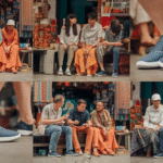 A collage shows three men sitting and talking at an outdoor market, reflecting modern urban adoption. Two close-up images highlight blue Xero brand barefoot footwear. Market goods and textiles appear in the background as the men wear casual clothing.