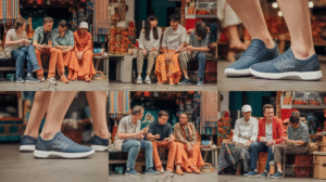 A collage shows three men sitting and talking at an outdoor market, reflecting modern urban adoption. Two close-up images highlight blue Xero brand barefoot footwear. Market goods and textiles appear in the background as the men wear casual clothing.