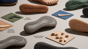 Various shoe soles, including Vibram soles with textured bottoms, are displayed alongside material samples and small components on a neutral background. Some items are labeled with names such as "Vibram Phoguvealt" and "Resyen Ragrills Components.