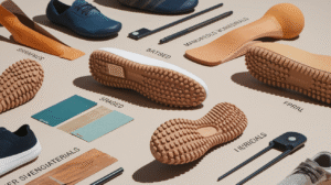 A variety of sneakers, Vibram soles, swatches of materials, writing utensils, and labeled text are arranged on a beige surface, showcasing different designs and textures used in sustainable manufacturing of footwear.