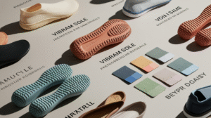 Several pairs of slip-on shoes and their soles are arranged on a light surface alongside labeled color swatches. Labels highlight material engineering and shoe sole types, including “VIBRAM SOLE,” ideal for barefoot footwear enthusiasts.