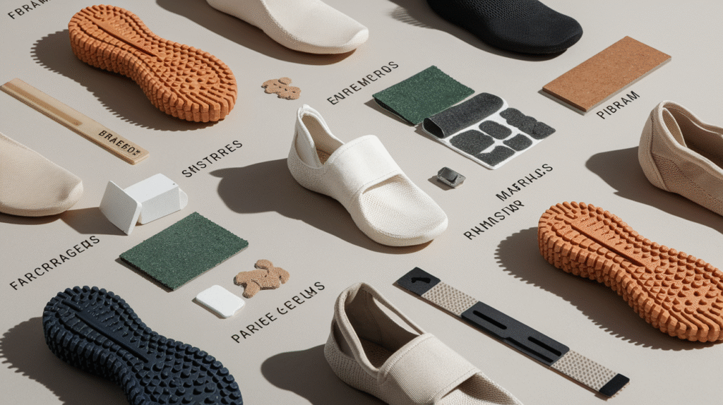 A variety of shoe soles, fabric pieces, insoles, foam pads, and fasteners—including Vibram soles—are arranged on a flat surface. Labels in black text identify and point to each material or shoe component.