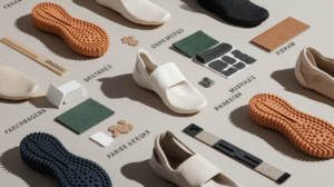 A variety of shoe soles, fabric pieces, insoles, foam pads, and fastenersâincluding Vibram solesâare arranged on a flat surface. Labels in black text identify and point to each material or shoe component.