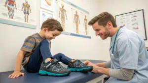 A young boy sits on an exam table in a doctor’s office, smiling as a pediatric orthopedic specialist in scrubs examines his barefoot footwear. Medical anatomy posters are visible on the wall behind them.