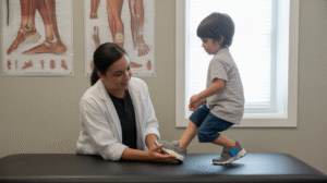 A pediatric orthopedic professional helps a young boy adjust his shoe while he stands on an exam table in a medical office. Anatomical charts of legs and feet are on the wall, highlighting care for pediatric populations. Natural light fills the room.