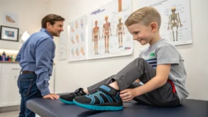 A young boy sits on an exam table in a medical office, adjusting his shoe and smiling. An adult male, possibly a doctor, stands nearby. Medical anatomy posters highlight orthopedic implications for pediatric populations on the wall behind them.