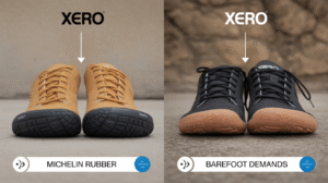A split image features two pairs of Xero Shoes: on the left, tan shoes with "MICHELIN RUBBER" highlighting their durability; on the right, black shoes with "BAREFOOT DEMANDS." Arrows emphasize their advanced soles.
