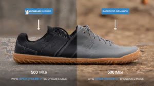 A split image compares two athletic shoes: the left “Michelin Rubber” and the right “Barefoot Demands.” Both show 500 miles below. Xero Shoes highlights the durability difference in outsole wear at the bottom.