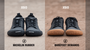 Two pairs of black Xero Shoes rest on sandy ground. The left pair features durable soles with Michelin rubber and Xero logos, while the right pair has a plain sole. Text above each reads "X5|0.