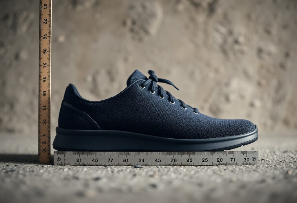 A navy blue athletic shoe is positioned next to a vertical ruler and on top of a horizontal ruler, indicating its height and length measurement against a textured concrete background.