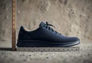 A navy blue athletic shoe is positioned next to a vertical ruler and on top of a horizontal ruler, indicating its height and length measurement against a textured concrete background.