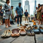 A group of people stand barefoot in a circle on a wooden platform in an urban setting, with various pairs of shoes arranged neatly in the center. Tall buildings are visible in the background.