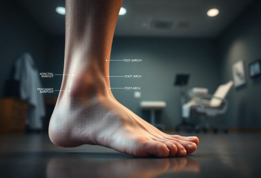 A close-up of a human foot in a medical office, with labels pointing to the arch and parts of the forefoot and midfoot. The background shows a chair, desk, and medical coat hanging on the wall.