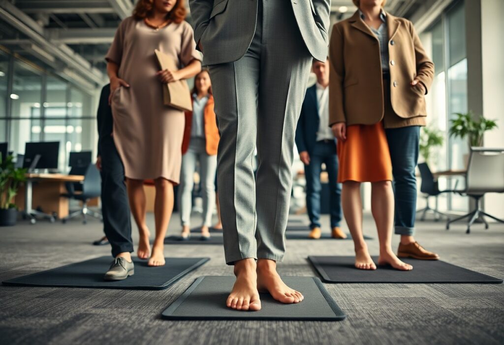 Several professionally dressed people stand barefoot on black mats in a modern office, suggesting a casual or wellness-related activity amid a typical work environment with desks and plants.