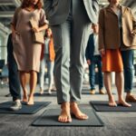 Several professionally dressed people stand barefoot on black mats in a modern office, suggesting a casual or wellness-related activity amid a typical work environment with desks and plants.