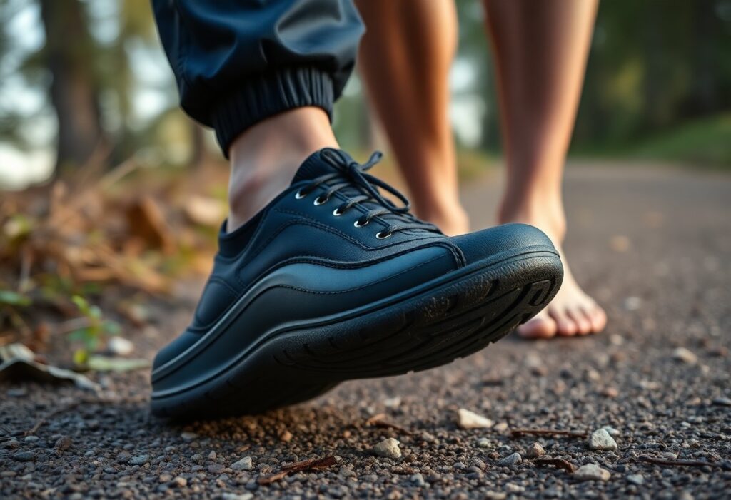 A close-up of a person wearing a black sneaker standing on a gravel path next to another person who is barefoot. The background is outdoors with blurred greenery and trees.