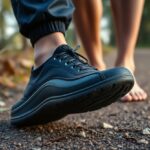 A close-up of a person wearing a black sneaker standing on a gravel path next to another person who is barefoot. The background is outdoors with blurred greenery and trees.